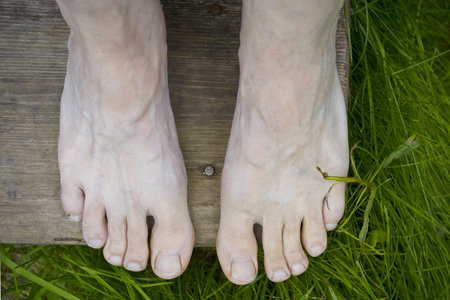 Human bare feet resting on the wooden steps, green grass in the background, overhead view