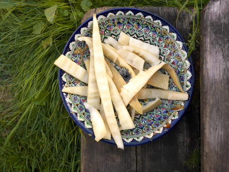 Leftovers of watermelon laid on a beautiful plate, overhead viewの写真素材