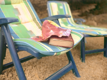 Book And Hat On Sun Loungerの写真素材