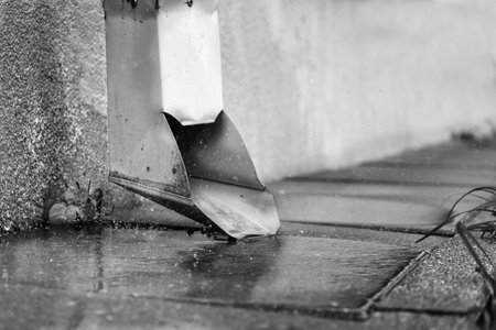 Droplets and water running of a drainpipe, closeup outdoor in black and whiteの写真素材