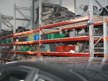 The garage racks with spare parts, indoor shotの写真素材