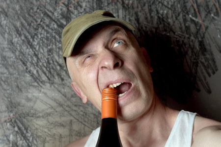A man opening a bottle using his teeth, studio shot