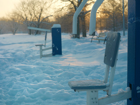 Fitness equipment in a winter park, outdoor shot