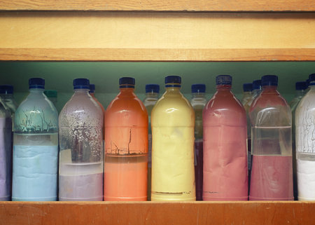 Front closeup of the plastic bottles with colors arranged in a row on the shelfの写真素材