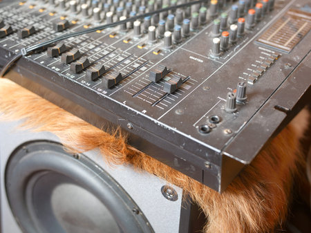 Old dusty vintage mixing console placed on a loudspeaker covered with fur