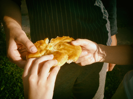 Filtered image of the children hands sharing bread, outdoors close-upの写真素材