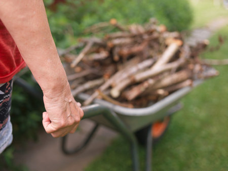 Female hands pushing a trolley ;oaded with firewood, olutdoors cropped shotの写真素材