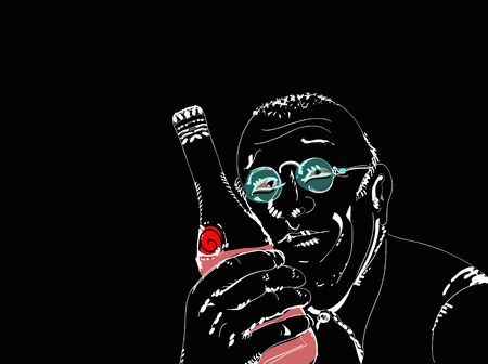 Illustration of a man holding a  bottle of wine close to his smiley face, on blackのイラスト素材