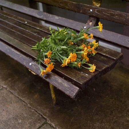 Abandoned bouquet on the wooden bench, rainy day outdoor shot, shallow DOFの写真素材