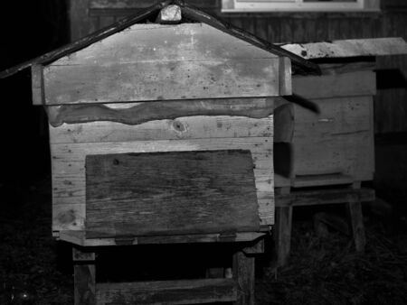 Wooden beehive with gate closed for cold period, night scene in black and whiteの写真素材