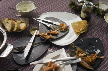 Messy table after finished breakfasr, indoor close-up 