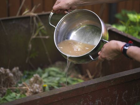 Closeup of the hands pouring out the soured soup in compost