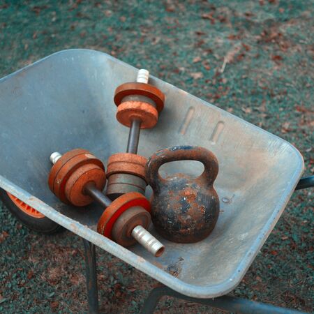 Moving heavy dumbbells in a garden trolley, outdoor filtered shotの写真素材