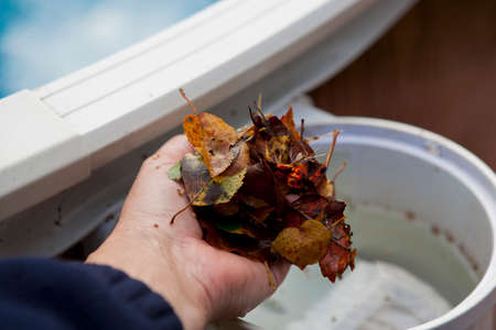 Clogged water filter and a hand holding organic trash