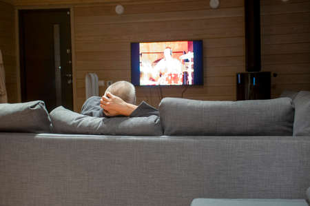 a man sitting on a sofa and watching tv, rear view, indoor shotの写真素材