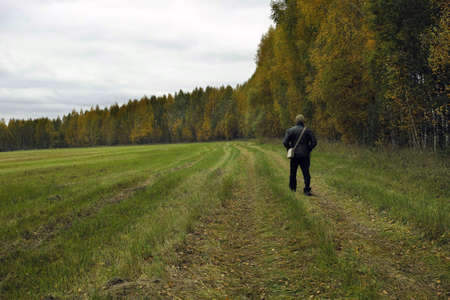 autumn landscape and a man walking along the field, high resolution image