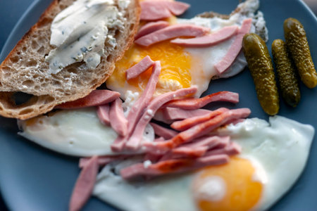 fried eggs, pickles and processed cheese on a bread, macro shotの写真素材