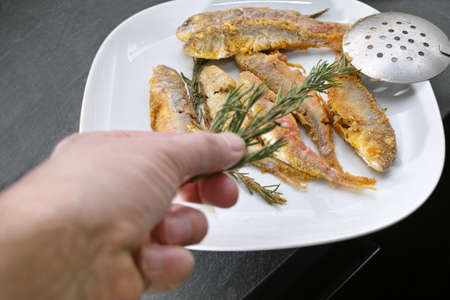 fried fish and a hand about to put rosemary on a top, indoor closeupの写真素材