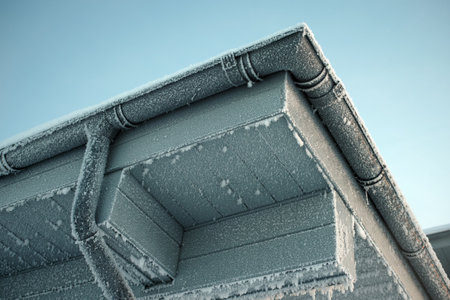 a house top and downspout covered with hoarfrost, low angle outdoor shotの写真素材
