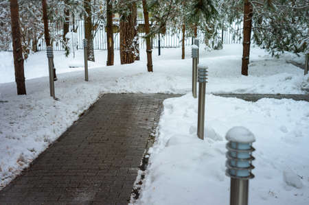 clean and gritted with salt tiled path, winter sceneの写真素材