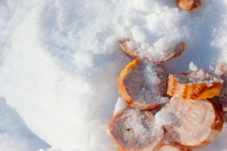 chopped salami or ham abandoned on the snow, daylight outdoor copy paste shotの写真素材