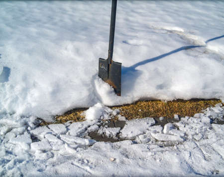removing snow from a path and lawn and a shovel stuck in the snowの写真素材