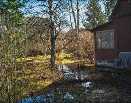 wooden houses and springtime flood in a countryside, sunny day shot, shallow dofの写真素材