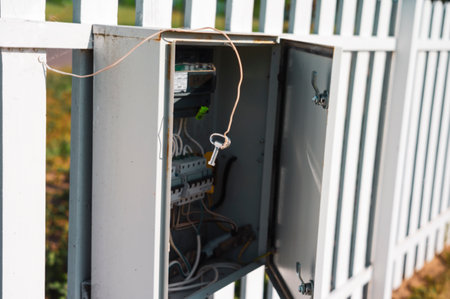 inspection of an electrician meter hanging on wooden fence