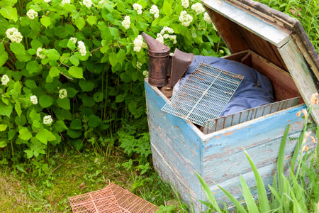 a beekeeper smoker and open hive, summertime outdoor shot