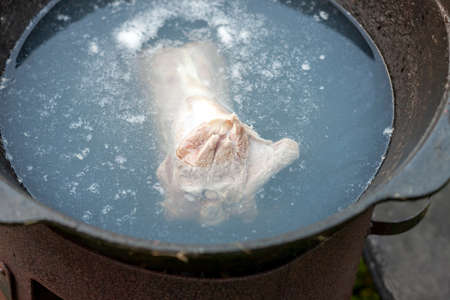 a bone of lamb slowly boiling in a bowl with open topの写真素材