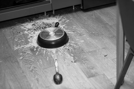 an accident in a kitchen, a turned over pan with cooked dish, in black and whiteの写真素材