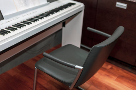a lether armchair and white electric piano, indoor shot, selective focusの写真素材