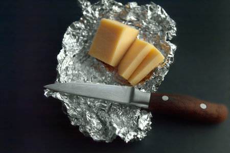 soft focus studio shot of cheese sliced on aliminium foilの写真素材