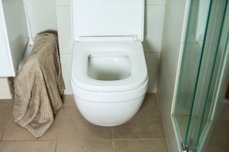 just cleaned toilet and a rag drying on a drainage pipe, indoor shot