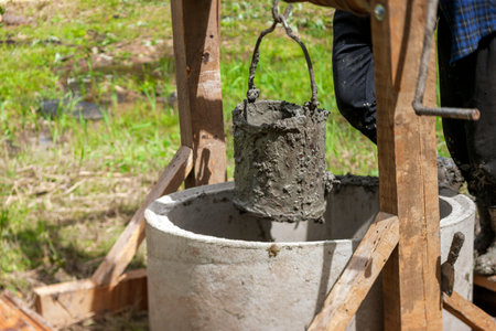 lifting a bucket full of clay while digging a well using a diy winch