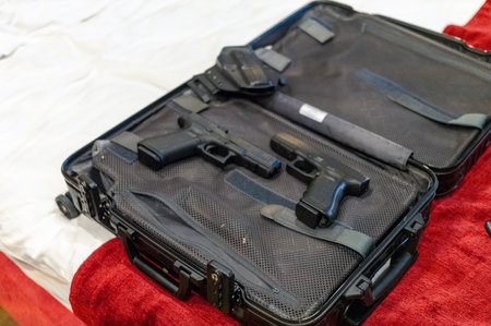 two pistols in open bag placed on a bed with red blanket, indoor shot