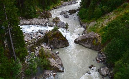 Dombay. The merger of two mountain rivers. The Republic of Karachay-Cherkessia in the North...