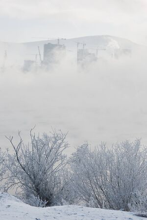 Winter view of the river in the fog, trees in frost and buildings in the backgroundの写真素材