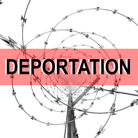 Coil of Steel Barbed Wire on a Metal Fence with DEPORTATION Sign . 3d Rendering Isolated on White Backgroundの写真素材