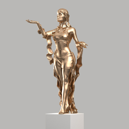 Golden Sculpture of a Beautiful Young Woman with Elegant Folds of Clothing. Statue of Goddess in a Classical Style Isolated. 3D renderingの写真素材