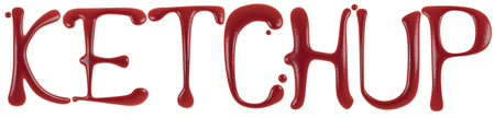 Hand Drawn Liquid Word Made in Ketchup or Tomato Sauce Isolated on White Background 3d Renderingの写真素材