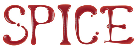 Hand Drawn Liquid Word Made in Ketchup or Tomato Sauce Isolated on White Background 3d Renderingの写真素材