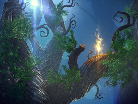 3D illustration of a fairytale forest in a idyllic landscape at night in the moonlight.の写真素材