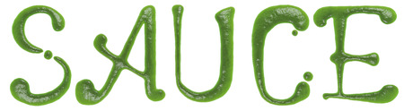 Hand Drawn Liquid Word Made in Wasabi Isolated on White Background 3d Renderingの写真素材