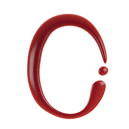 Hand Drawn Liquid letter O Made in Ketchup or Tomato Sauce Isolated on White Background 3d Renderingの写真素材