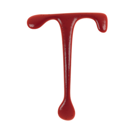 Hand Drawn Liquid letter T Made in Ketchup or Tomato Sauce Isolated on White Background 3d Renderingの写真素材