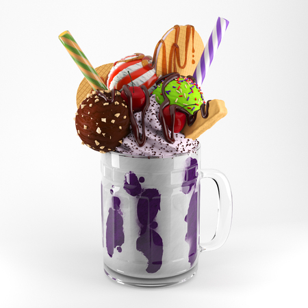 Extreme milkshakes isolated on white background 3d rendering dessert illustration.の写真素材