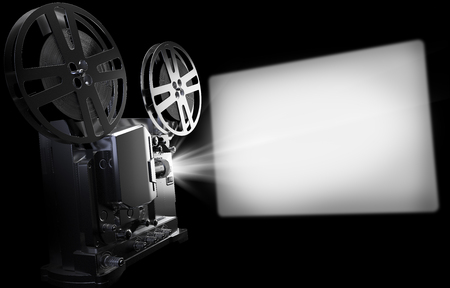 Old Cinema Projector and screen, Vintage Movie or Video Concept. 3d Rendering Illustration on black Backgroundの写真素材