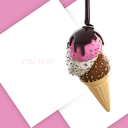 Cone with Ice cream mix. Space for Text. 3d rendering illustration desserte.の写真素材
