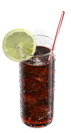 The glass of Cola with cubes of ice and a straw decorated with a lemon, isolated on a white background 3d renderingの写真素材